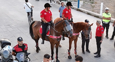 Van Gölü sahilinde devriye gezen atlı polisler ilgiyle karşılandı